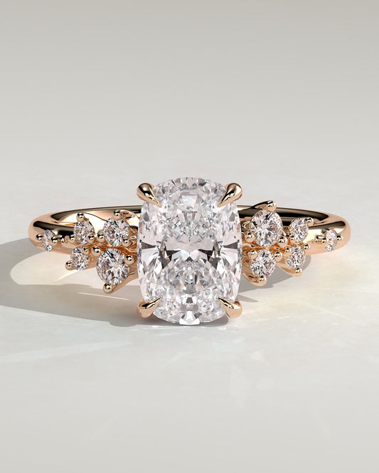 Winnie - Elongated Cushion Claw Solitaire with Clustered Round Shoulder Stones Engagement Ring - Rose Gold
