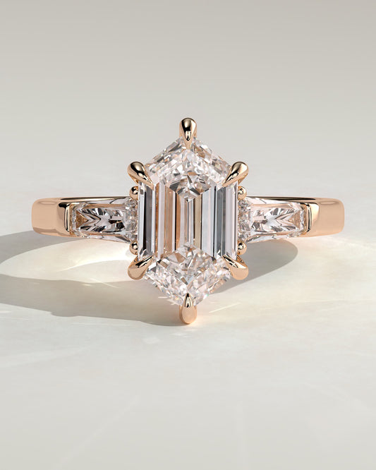 Myrtle - Elongated Hexagon Claw Trilogy with Tapered Baguette Side Stones and Cathedral Setting Engagement Ring - Rose Gold