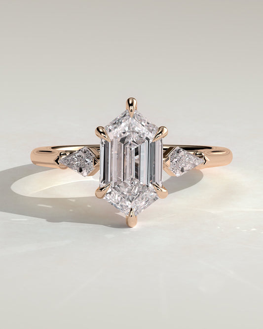 Wanda - Elongated Hexagon Claw Trilogy with Kite Side Stones Engagement Ring - Rose Gold