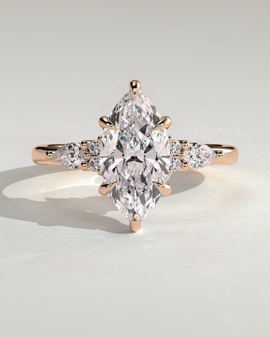 Loretta - Marquise Claw Solitaire with Pear Accents and Round Shoulder Stones Engagement Ring - Rose Gold