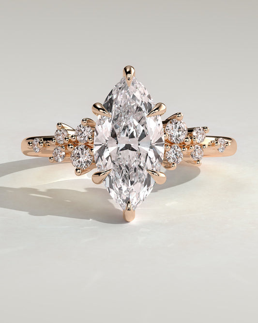 Minnie - Marquise Claw Solitaire with Clustered Round Shoulder Stones Engagement Ring - Rose Gold