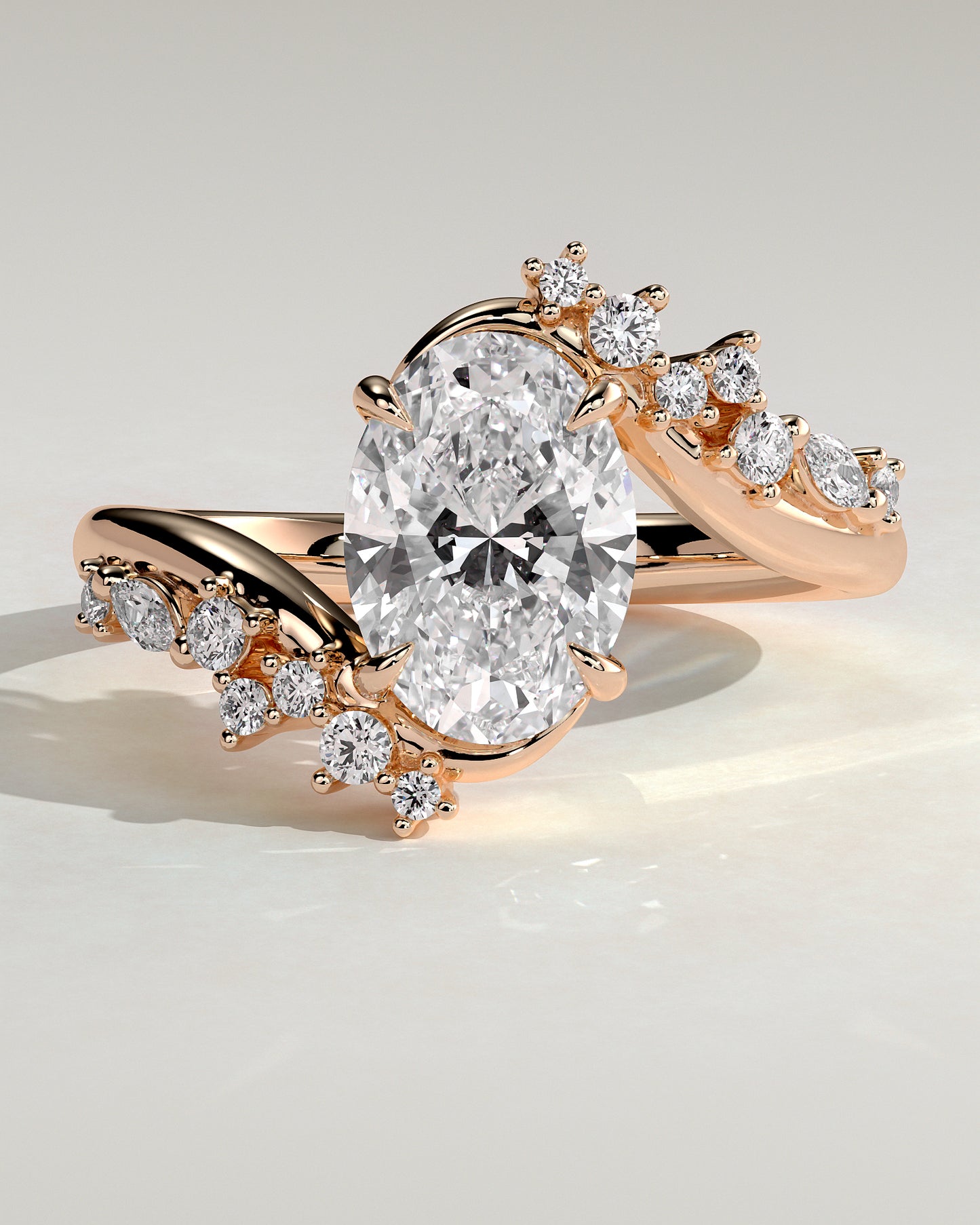 Ezmerelda - Oval Claw Solitaire with Bypass Band and Clustered Round-Marquise Accent Stones Engagement Ring - Rose Gold - Rose Gold 2ct