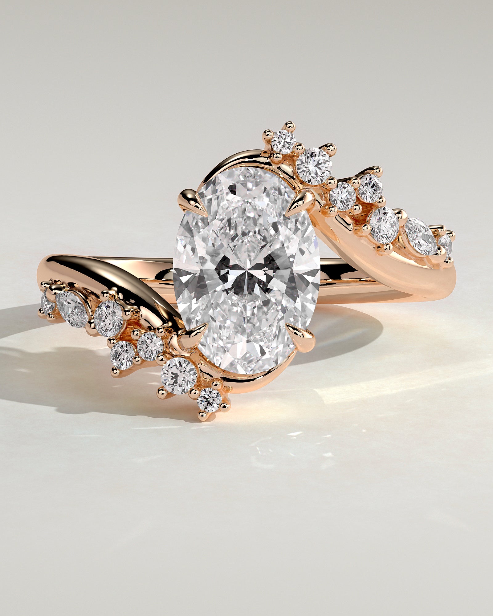 Ezmerelda - Oval Claw Solitaire with Bypass Band and Clustered Round-Marquise Accent Stones Engagement Ring - Rose Gold - Rose Gold 2ct