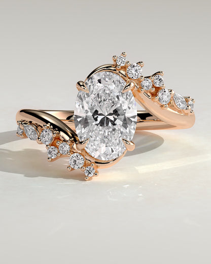 Ezmerelda - Oval Claw Solitaire with Bypass Band and Clustered Round-Marquise Accent Stones Engagement Ring - Rose Gold