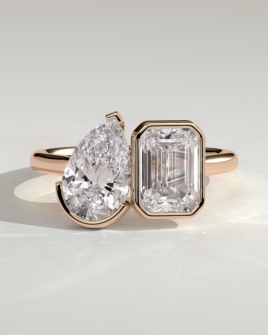 Margot - Pear and Emerald Bezel-and-Half-Bezel Toi et Moi Engagement Ring - Rose Gold