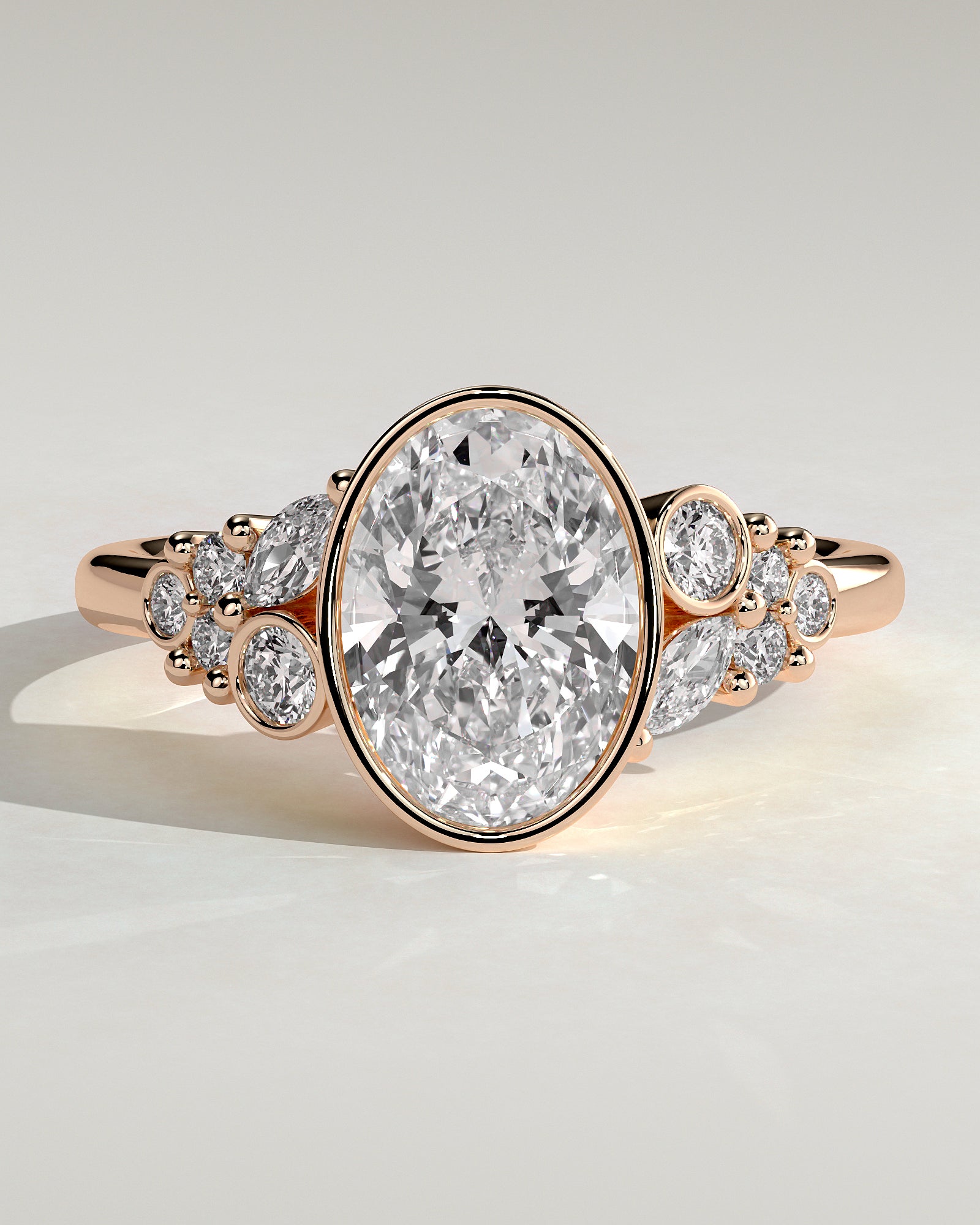Isabella - Oval Bezel Solitaire with Clustered Round-Marquise Mixed Set Shoulder Stones Engagement Ring - Rose Gold - Rose Gold 2ct