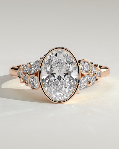 Isabella - Oval Bezel Solitaire with Clustered Round-Marquise Mixed Set Shoulder Stones Engagement Ring - Rose Gold