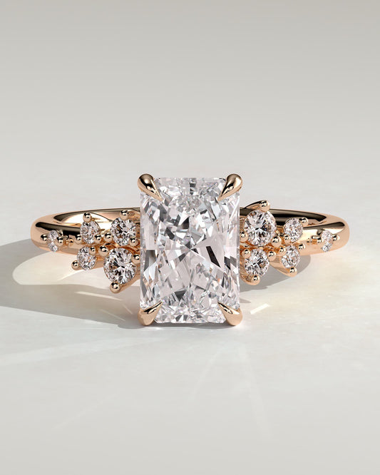 Willow - Radiant Claw Solitaire with Clustered Round Shoulder Stones Engagement Ring - Rose Gold