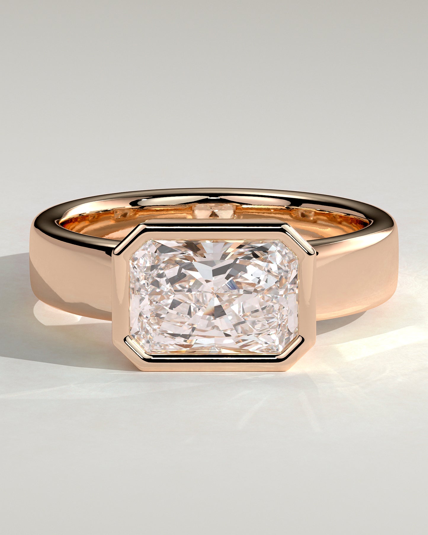 Frankie - Statement Radiant East West Bezel Solitaire with Flat Cigar Band Engagement Ring - Rose Gold - Rose Gold 2ct