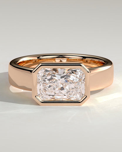 Frankie - Statement Radiant East West Bezel Solitaire with Flat Cigar Band Engagement Ring - Rose Gold