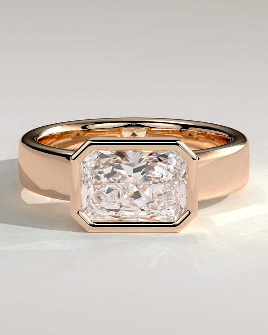 Frankie - Statement Radiant East West Bezel Solitaire with Flat Cigar Band Engagement Ring - Rose Gold