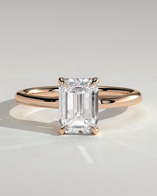Nara - Emerald Claw Solitaire with Hidden Halo and Floating Cathedral Low Setting Engagement Ring - Rose Gold