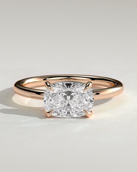 Fiona - Elongated Cushion East West Claw Solitaire with Raised Basket Gallery Engagement Ring - Rose Gold