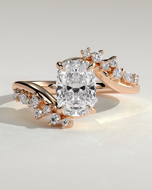 Merida - Elongated Cushion Claw Solitaire with Bypass Band and Clustered Round-Marquise Accent Stones Engagement Ring - Rose Gold