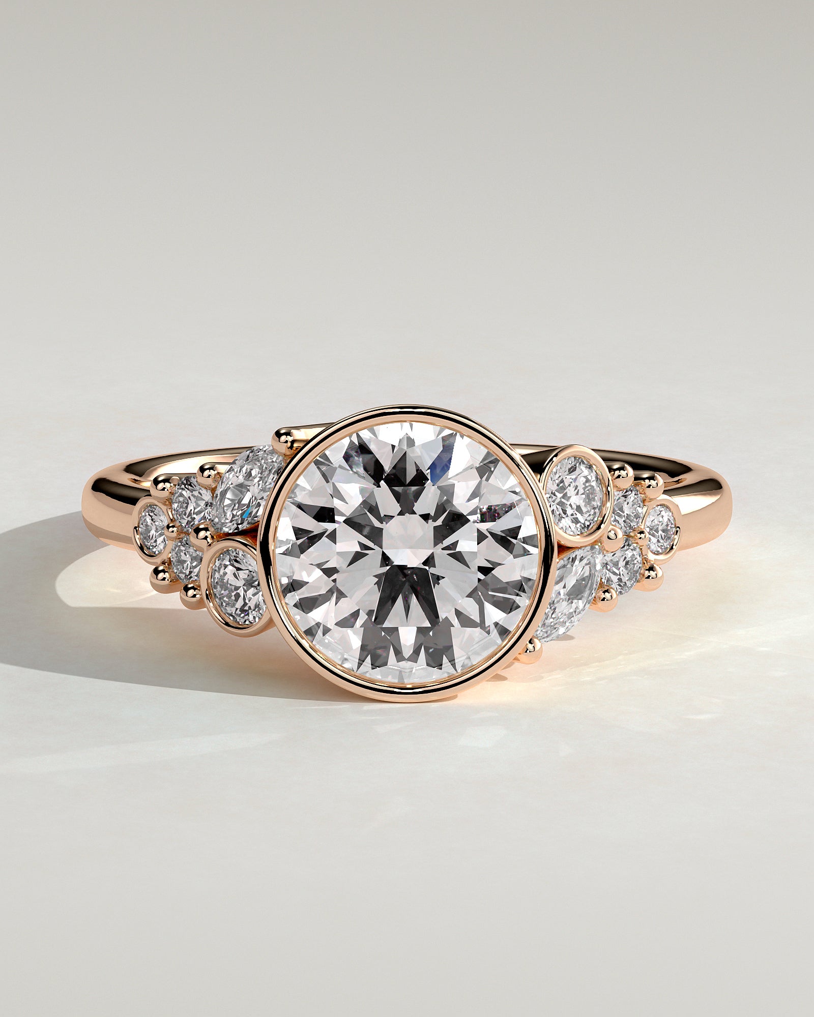 Alessia - Round Bezel Solitaire with Clustered Round-Marquise Mixed Set Shoulder Stones Engagement Ring - Rose Gold - Rose Gold 2ct