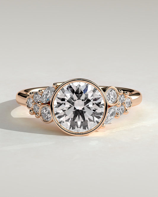 Alessia - Round Bezel Solitaire with Clustered Round-Marquise Mixed Set Shoulder Stones Engagement Ring - Rose Gold