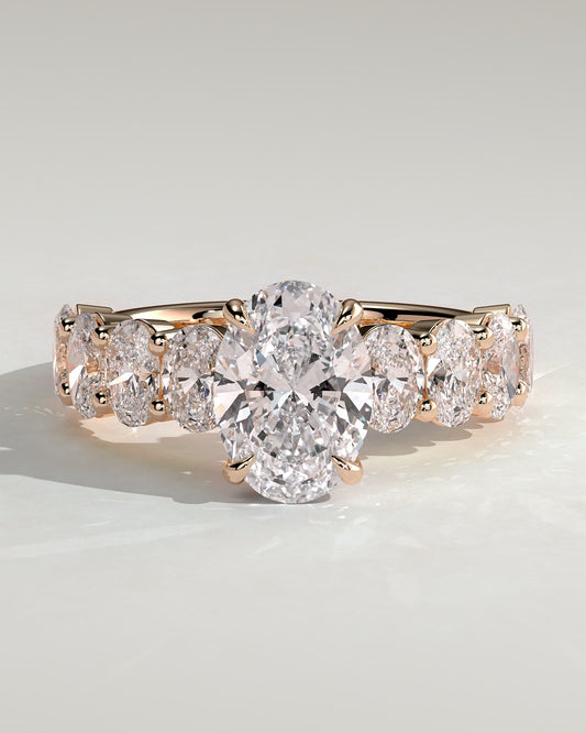 Vivianne - Oval Claw Solitaire with Half Eternity Oval Band and Hidden Halo Engagement Ring - Rose Gold