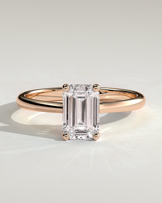 Freya - Emerald Claw Solitaire with Tapered Band and Cathedral Low Setting Engagement Ring - Rose Gold