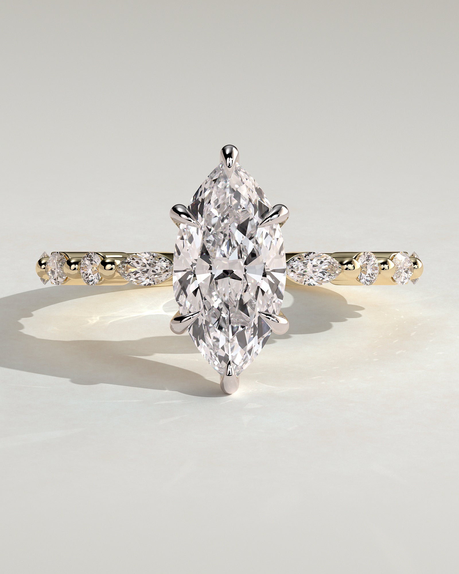 Beatrice - Marquise Claw Solitaire with Marquise and Round Accent Stones Engagement Ring - Yellow Two-Tone - Yellow Two-Tone 2ct