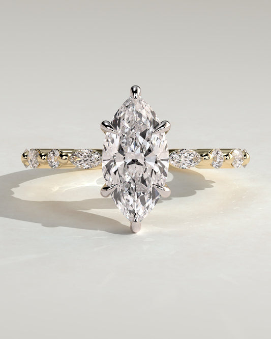 Beatrice - Marquise Claw Solitaire with Marquise and Round Accent Stones Engagement Ring - Yellow Two-Tone
