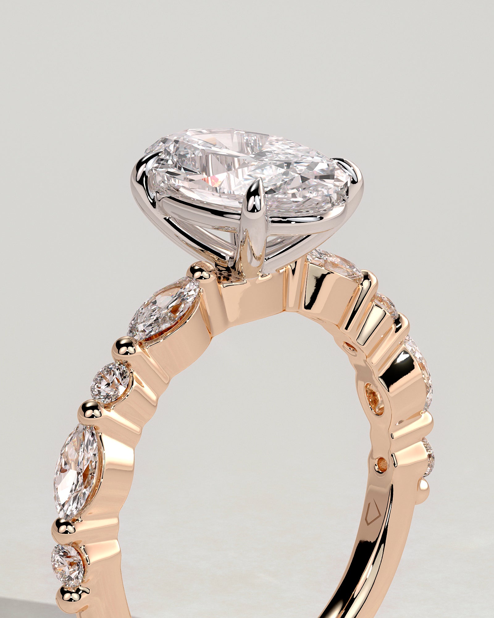 Alyssa - Oval Claw Solitaire with Marquise and Round Accent Stones Engagement Ring - Rose Two-Tone - Rose Two-Tone 2ct
