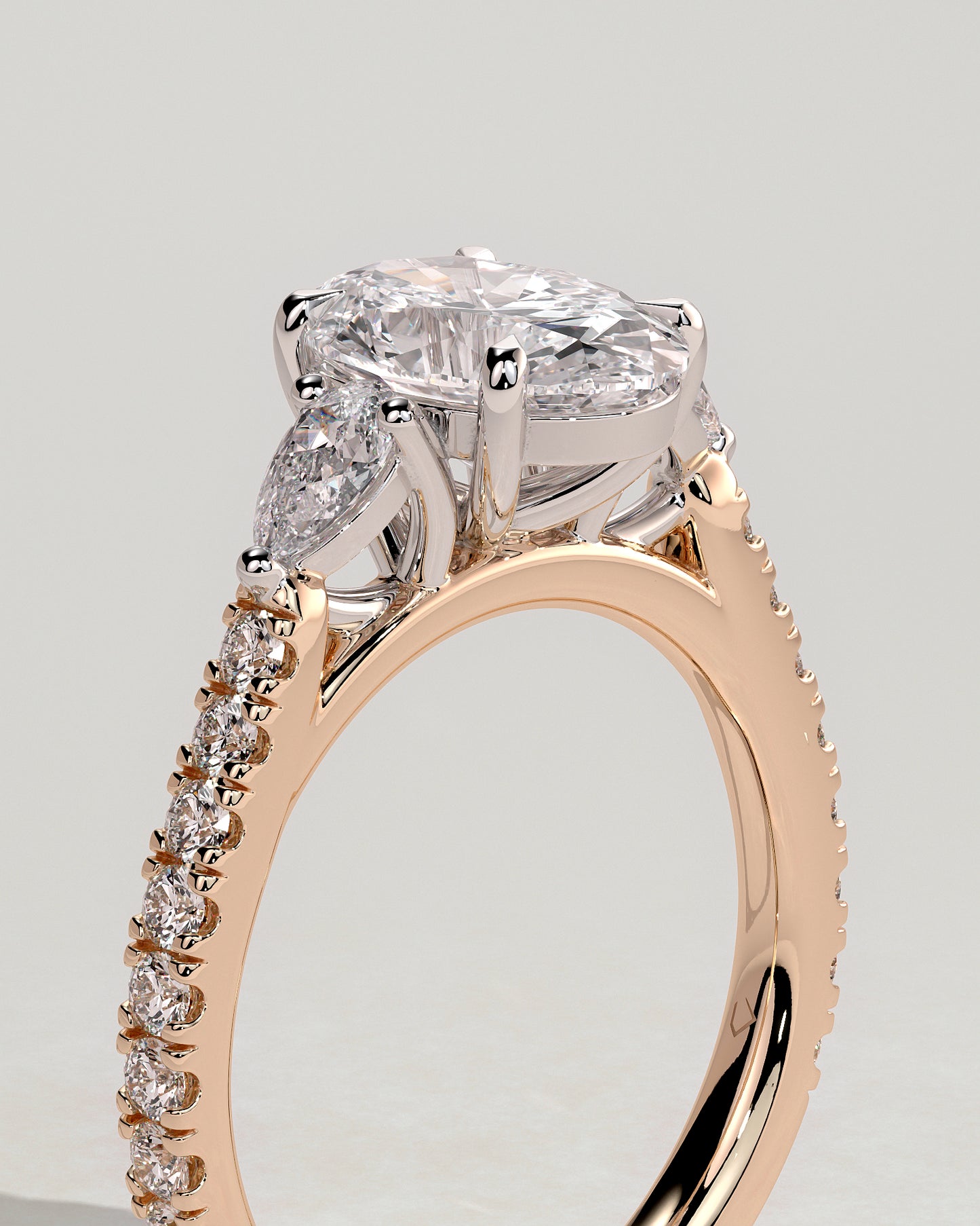 Arabella - Oval Claw Trilogy with Pear Side Stones and Pave Band Engagement Ring - Rose Two-Tone - Rose Two-Tone 2ct