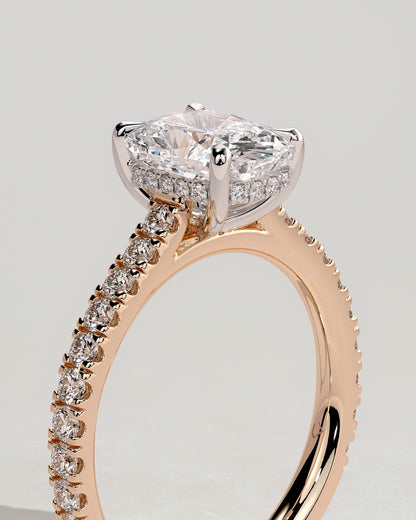 Annika - Elongated Cushion Claw Solitaire with Hidden Halo, Pave Band and Cathedral High Setting Engagement Ring - Rose Two-Tone - rose two-tone - Lara Jewels