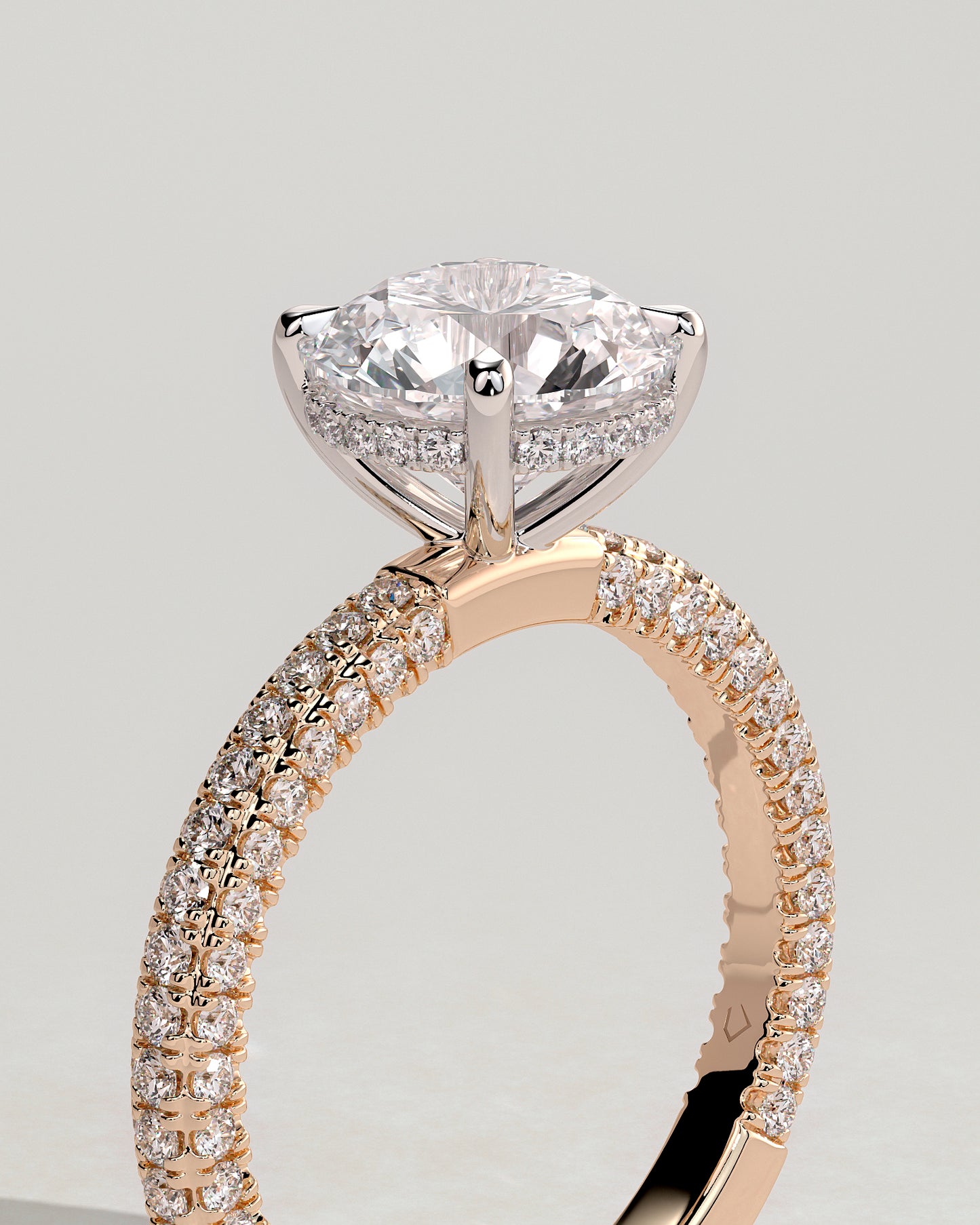 Alex - Round Claw Solitaire with Hidden Halo and Triple Pave Band Engagement Ring - Rose Two-Tone - Rose Two-Tone 2ct