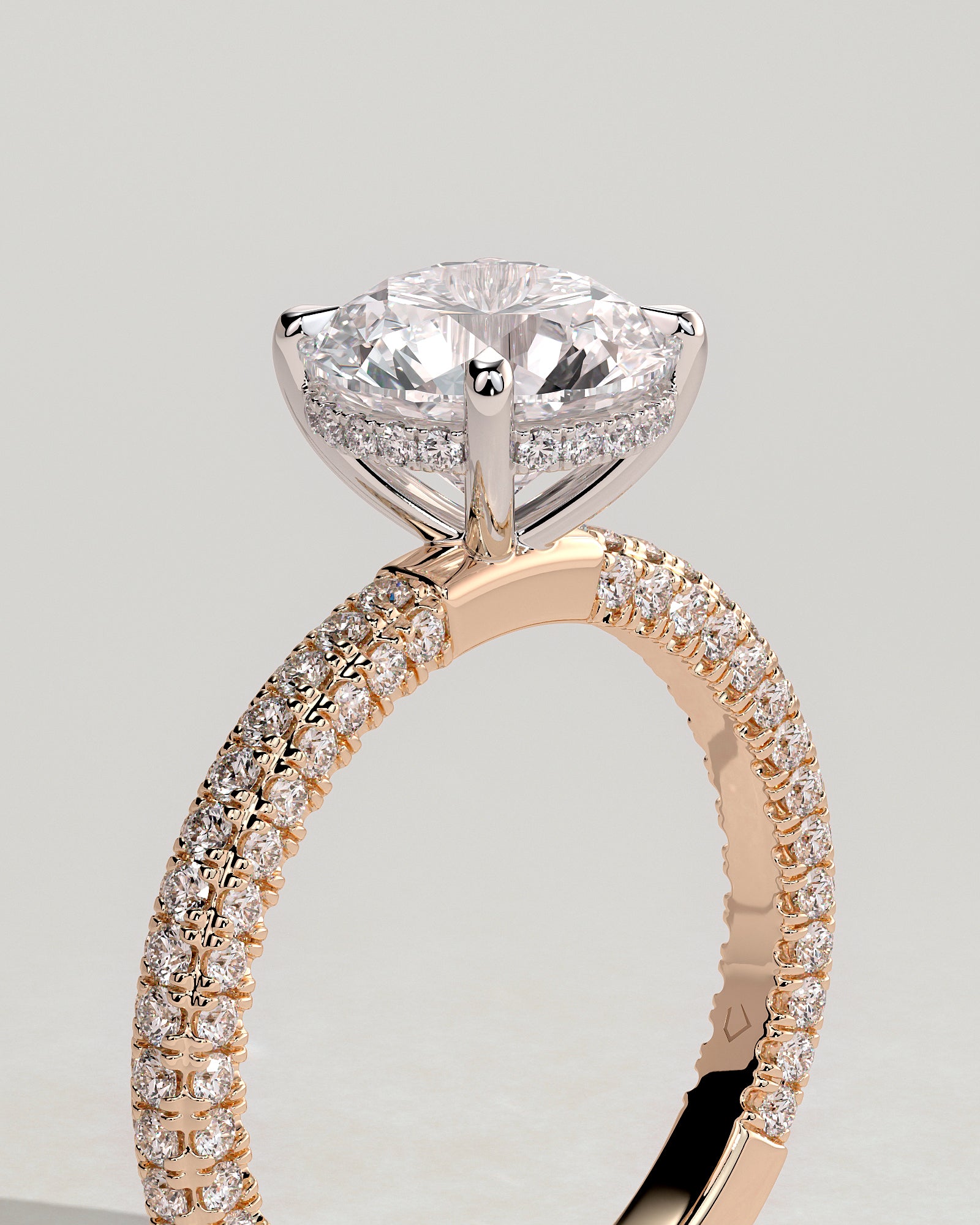 Alex - Round Claw Solitaire with Hidden Halo and Triple Pave Band Engagement Ring - Rose Two-Tone - Rose Two-Tone 2ct