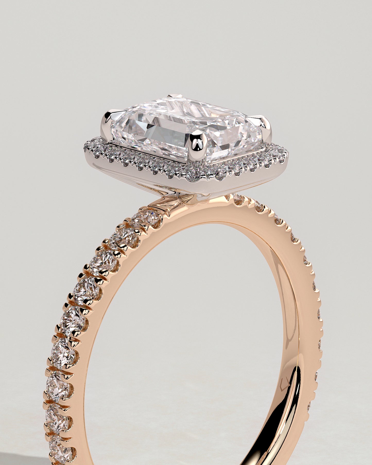 Analyce - Emerald Claw Solitaire with Halo and Pave Band Engagement Ring - Rose Two-Tone - Rose Two-Tone 2ct
