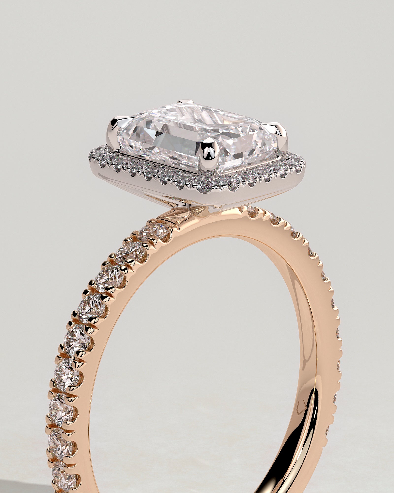 Analyce - Emerald Claw Solitaire with Halo and Pave Band Engagement Ring - Rose Two-Tone - Rose Two-Tone 2ct