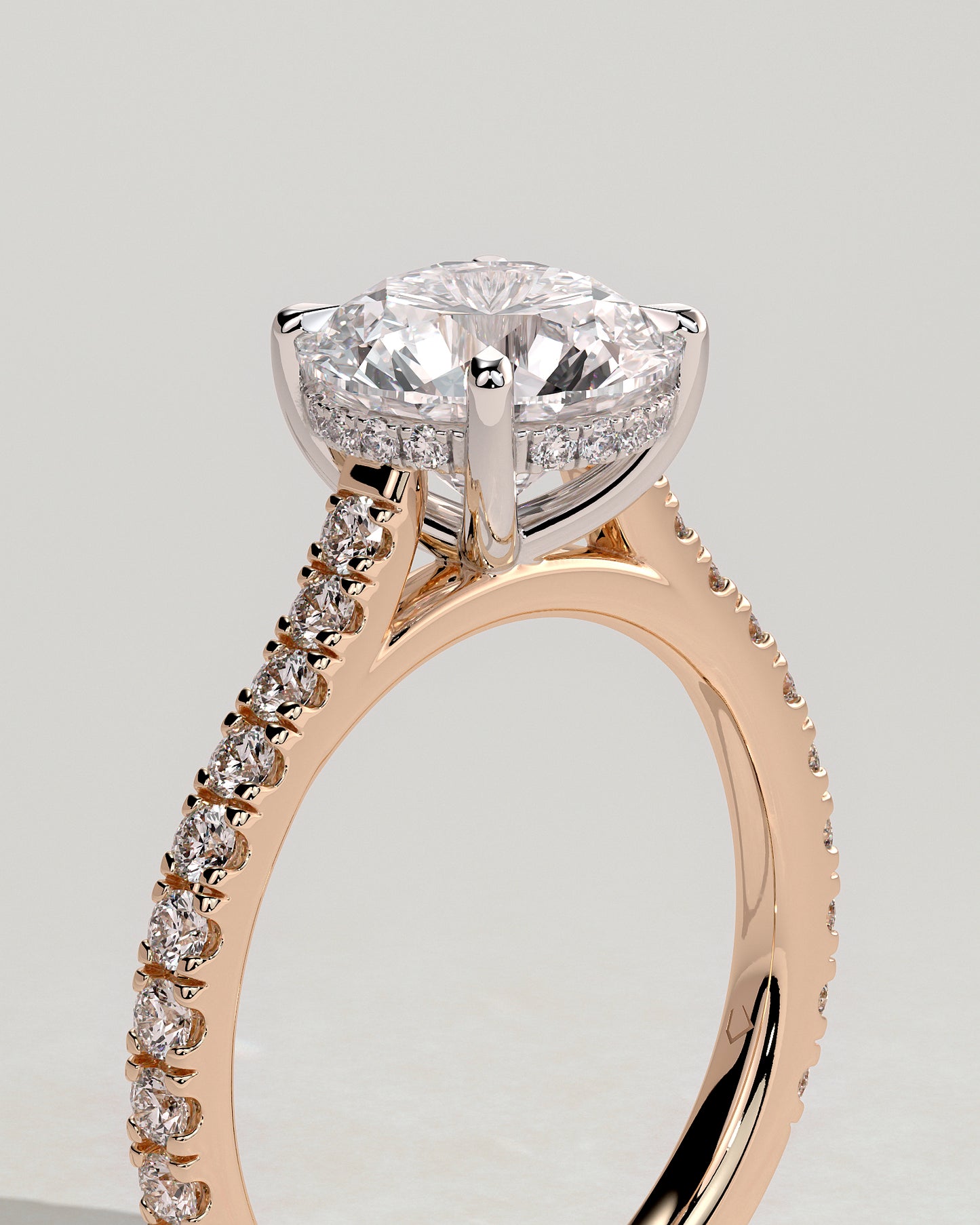 Ashlea - Round Claw Solitaire with Hidden Halo, Pave Band and Cathedral High Setting Engagement Ring - Rose Two-Tone - Rose Two-Tone 2ct
