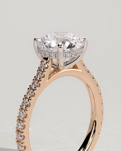 Ashlea - Round Claw Solitaire with Hidden Halo, Pave Band and Cathedral High Setting Engagement Ring - Rose Two-Tone