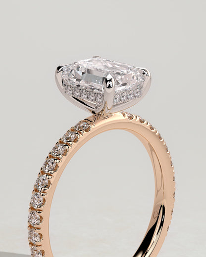 Gwyneth - Emerald Claw Solitaire with Hidden Halo and Pave Band Engagement Ring - Rose Two-Tone