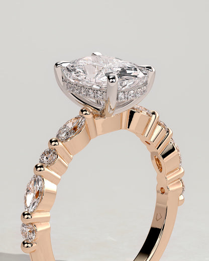 Cali - Elongated Cushion Claw Solitaire with Marquise-Round Accent Stones and Hidden Halo Engagement Ring - Rose Two-Tone