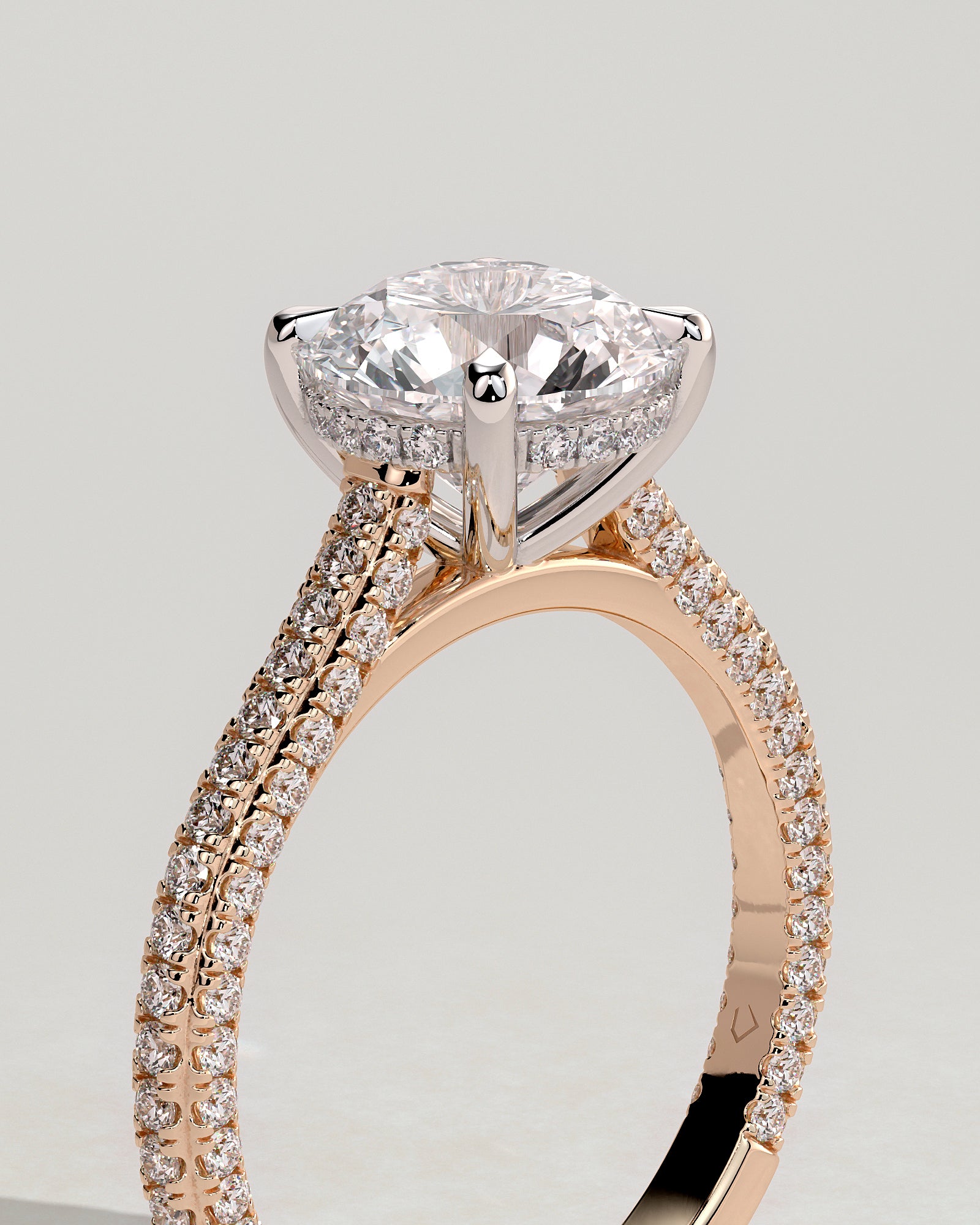 Chelsea - Round Claw Solitaire with Hidden Halo, Triple Pave Band and Cathedral High Setting Engagement Ring - Rose Two-Tone - Rose Two-Tone 2ct