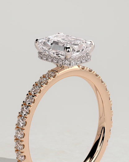 Eliana - Emerald Claw Solitaire with Wrap Around Hidden Halo and Pave Band Engagement Ring - Rose Two-Tone