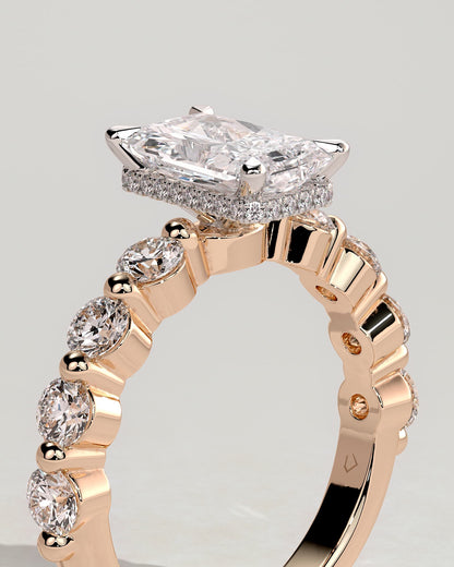 Josephine - Radiant Claw Solitaire with Round Accent Stones and Wrap Around Hidden Halo Engagement Ring - Rose Two-Tone