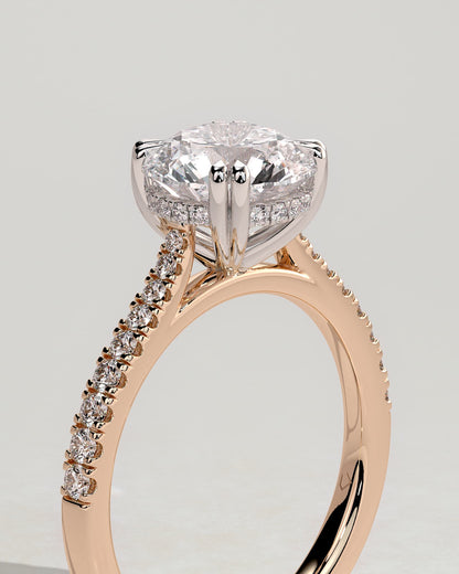 Amelia - Round Double Claw Solitaire with Hidden Halo, Tapered Pave Band and Cathedral High Setting Engagement Ring - Rose Two-Tone - rose two-tone - Lara Jewels