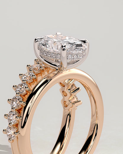 Athena - Oval Claw Solitaire with Double Plain-and-Round-Accent Stones Band Engagement Ring - Rose Two-Tone