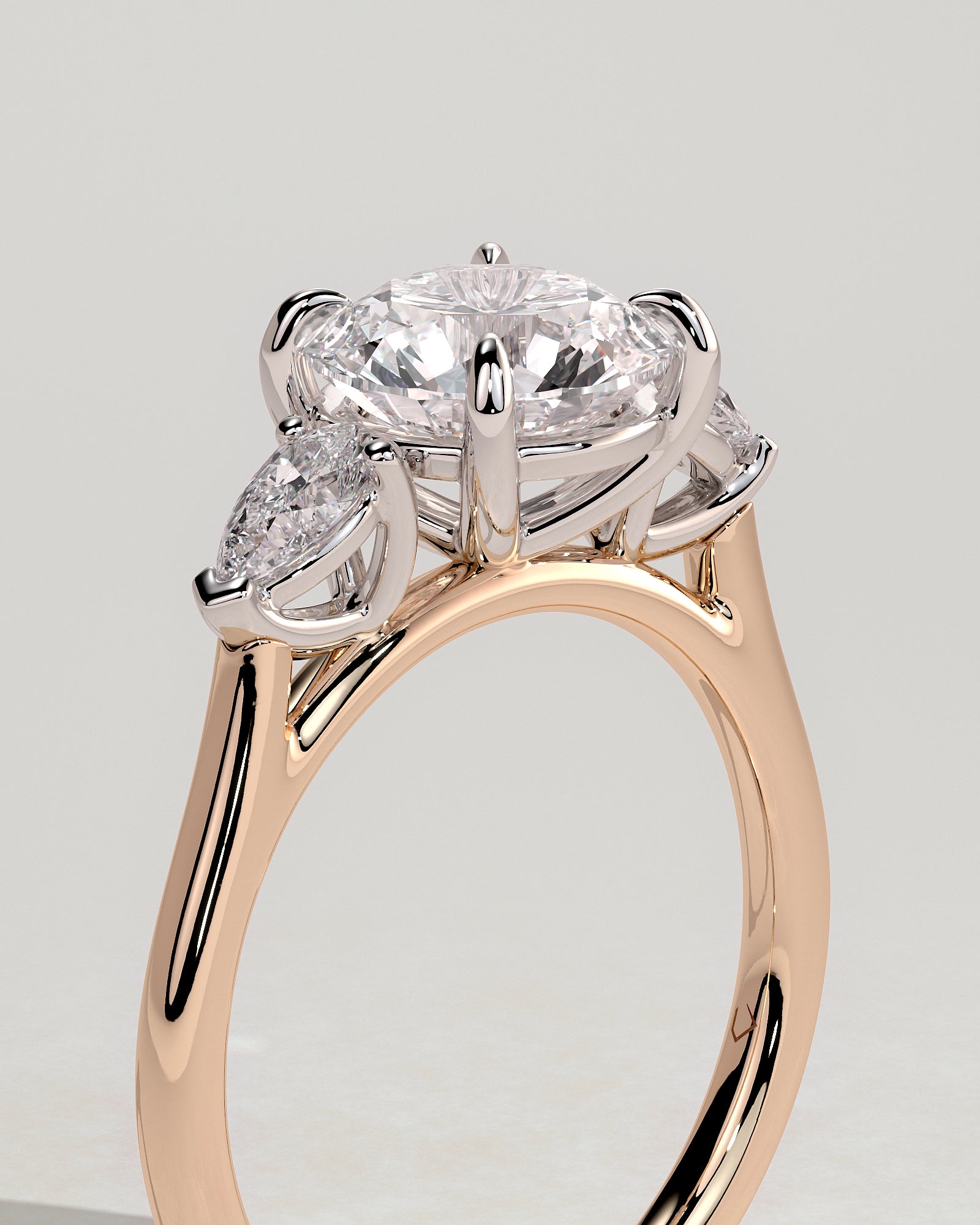 Arya - Round Claw Trilogy with Pear Side Stones and Cathedral Setting Engagement Ring - Rose Two-Tone - Rose Two-Tone 2ct