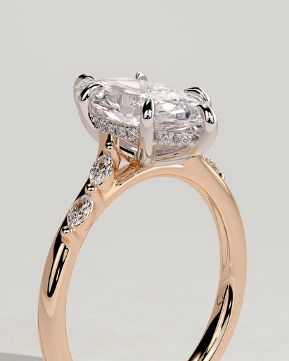 Elsie - Marquise Claw Solitaire with Hidden Halo, Opposing Marquise Accents and Cathedral High Setting Engagement Ring - Rose Two-Tone