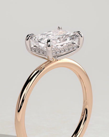 Francene - Radiant East West Claw Solitaire with Hidden Halo Engagement Ring - Rose Two-Tone