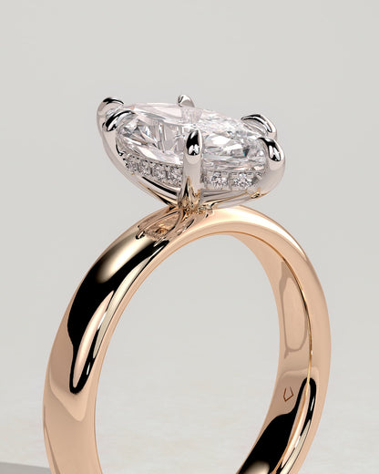 Gigi - Marquise Claw Solitaire with Cigar Band and Hidden Halo Engagement Ring - Rose Two-Tone
