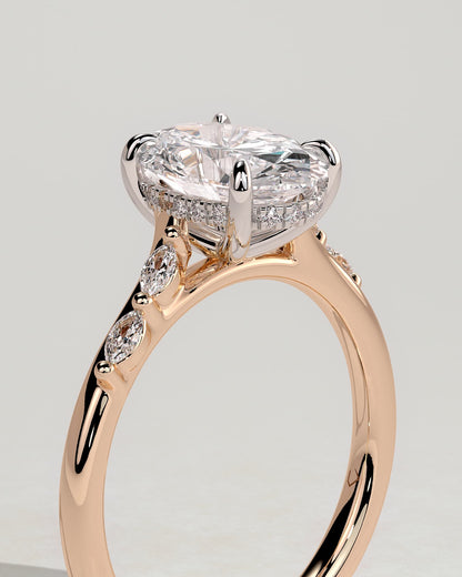 Jamie - Oval Claw Solitaire with Hidden Halo, Opposing Marquise Accents and Cathedral High Setting Engagement Ring - Rose Two-Tone