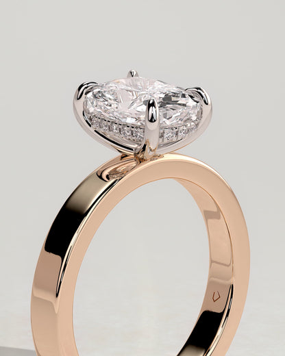 Kai - Elongated Cushion Claw Solitaire with Flat Cigar Band and Hidden Halo Engagement Ring - Rose Two-Tone