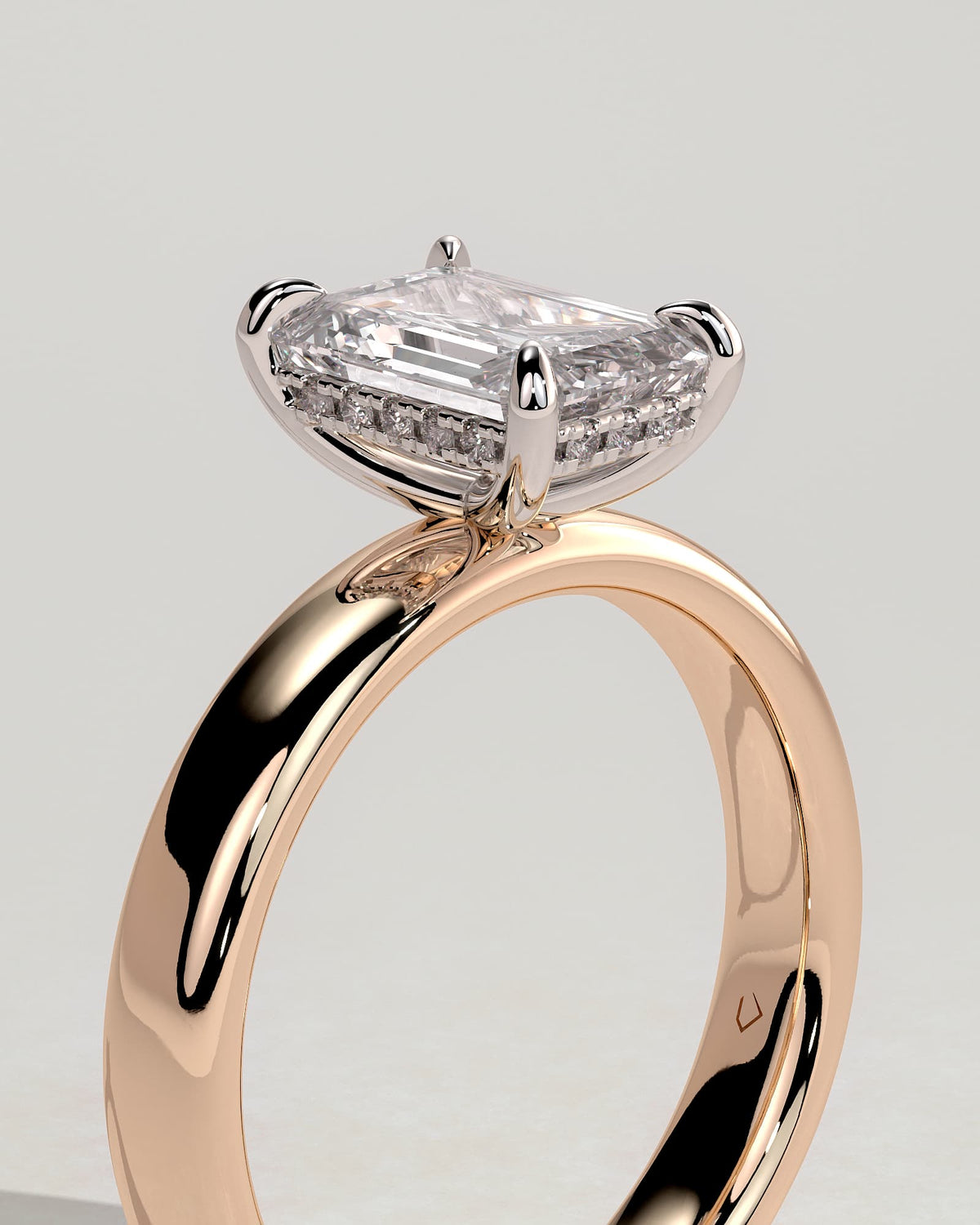 Kate - Emerald Claw Solitaire with Cigar Band and Hidden Halo Engagement Ring - Rose Two-Tone