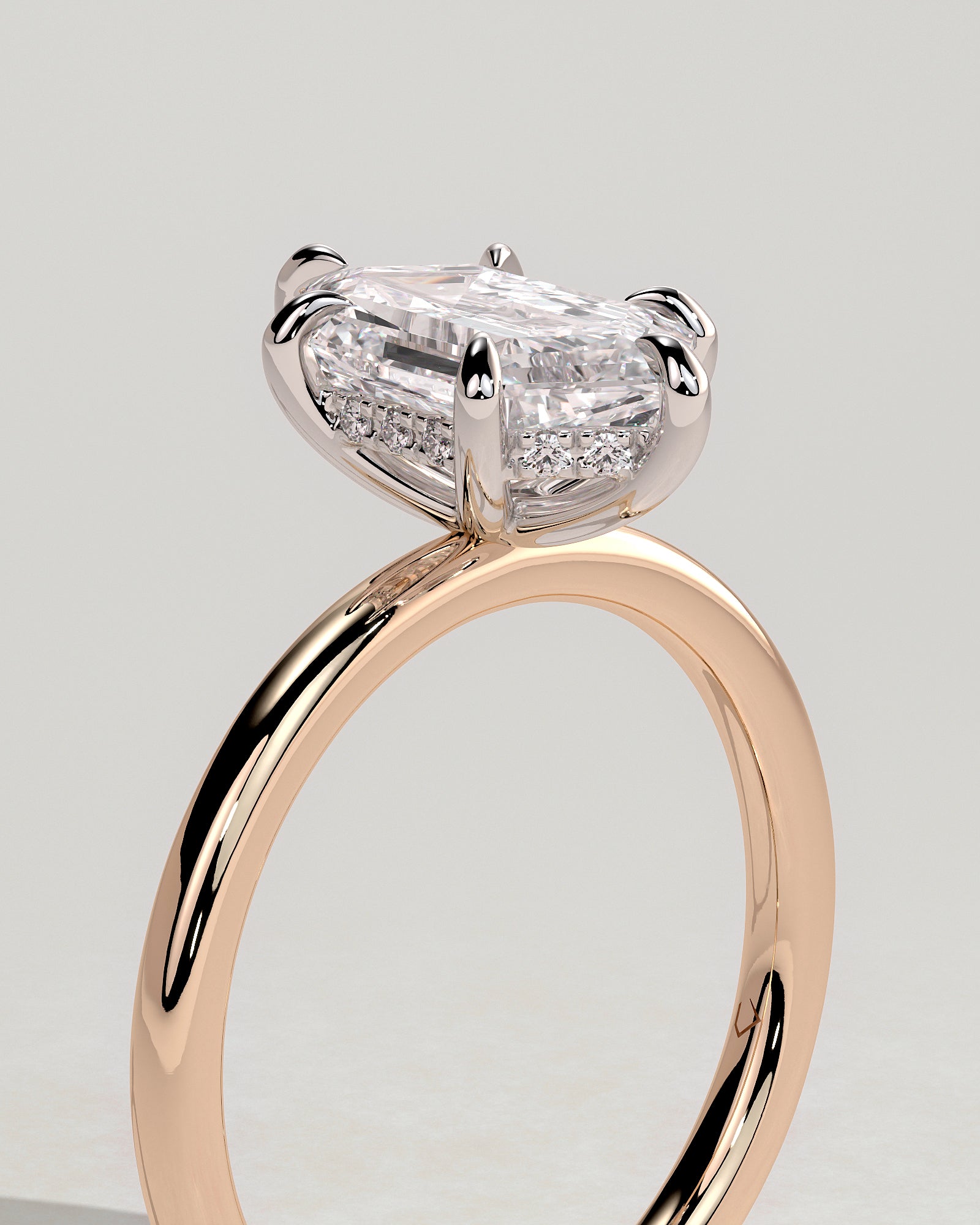 Delta - Elongated Hexagon Claw Solitaire with Hidden Halo Engagement Ring - Rose Two-Tone - Rose Two-Tone 2ct