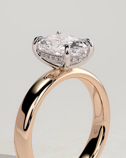 Cora - Elongated Cushion Claw Solitaire with Cigar Band and Hidden Halo Engagement Ring - Rose Two-Tone