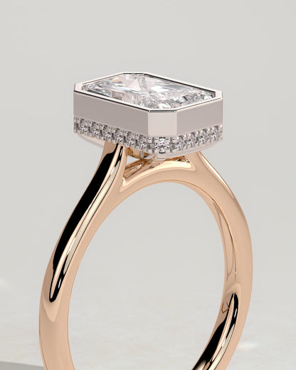 Bennie - Radiant Bezel Solitaire with Hidden Halo and Cathedral High Setting Engagement Ring - Rose Two-Tone
